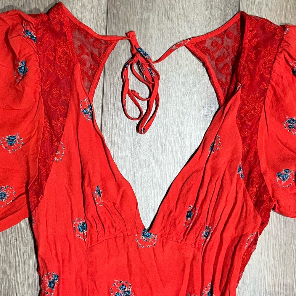 Free People FP Orange Floral Mockingbird Flowy Romantic Dress Size 0 - Picture 6 of 10